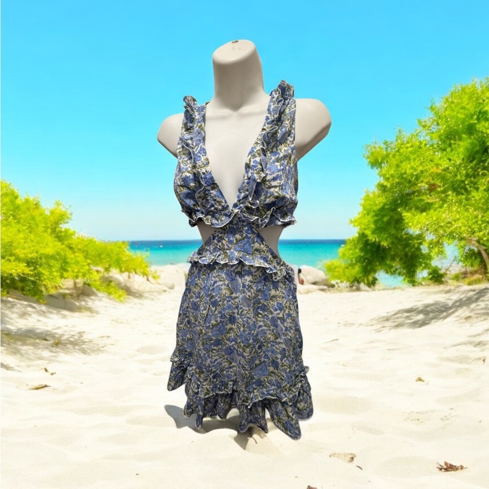 Marble Floral Ruffle Mini cut-out Dress - Blue and Green size small
